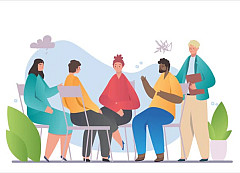 cartoon people sitting in chairs talking