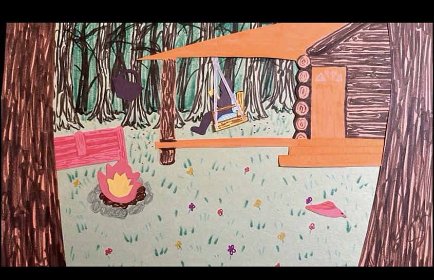 Jessica Scott a cabin and a campsite with a fire